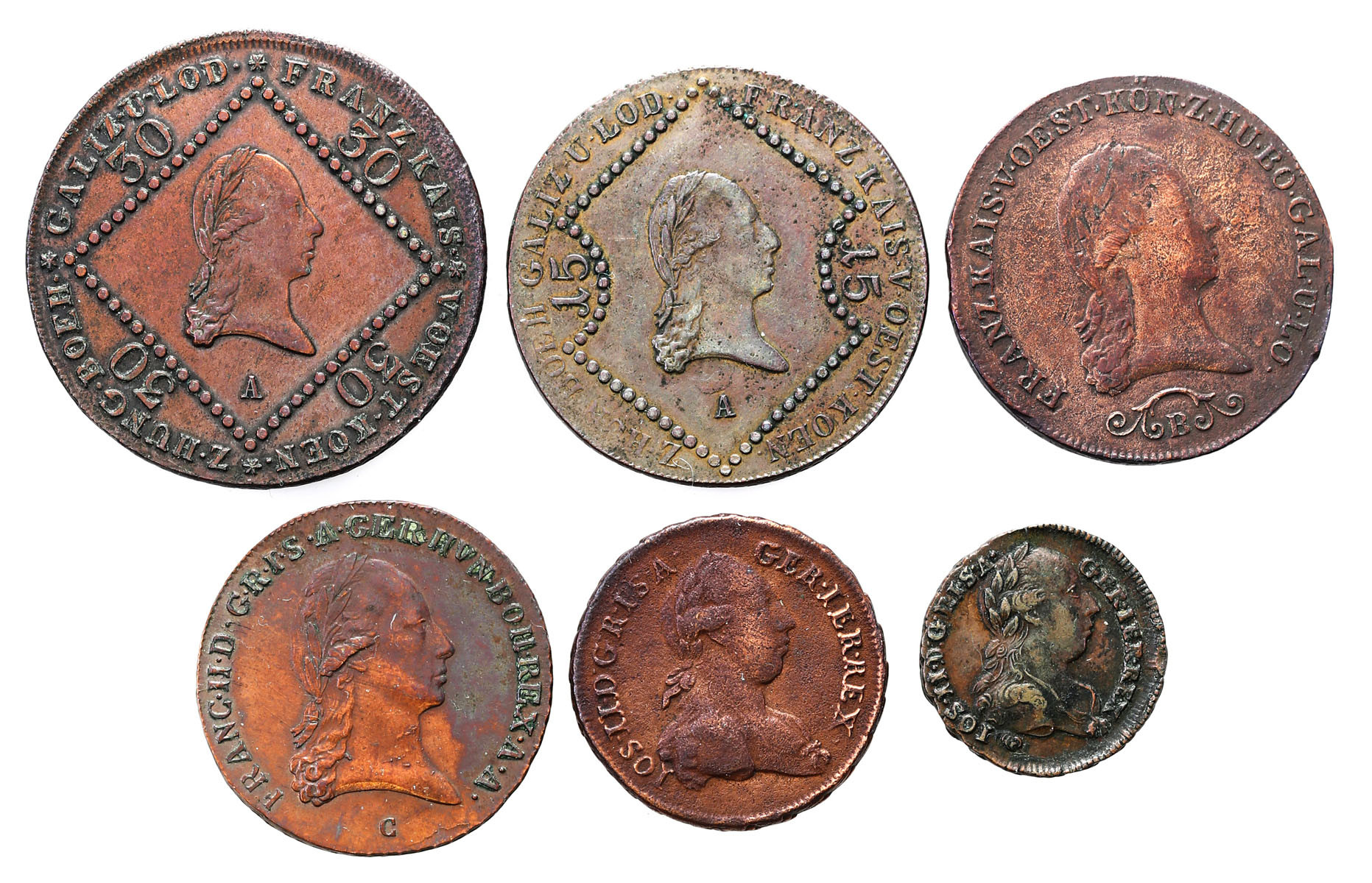 Austria. 1/2 do 30 krajcarów 1774 - 1812, zestaw 6 monet